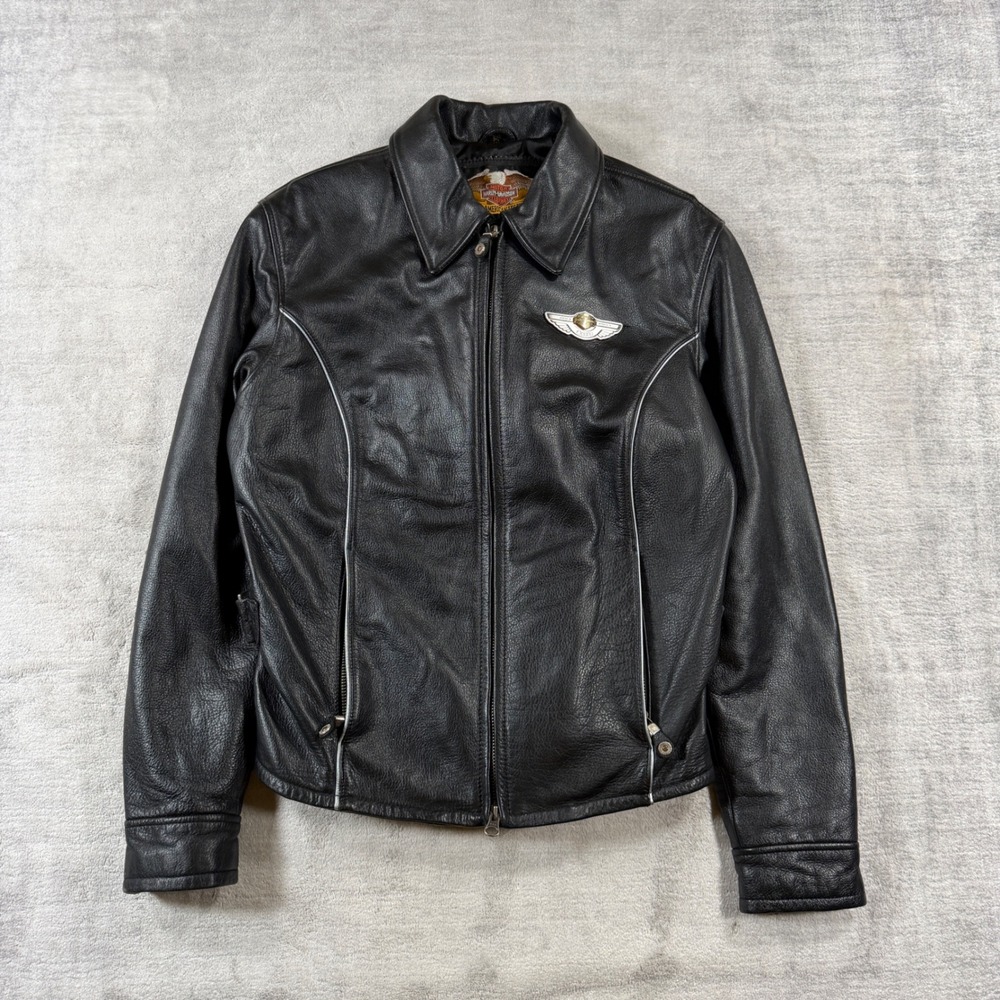 Harley Davidson Jacket Womens Medium Black Leather 100th Anniversary Biker Moto